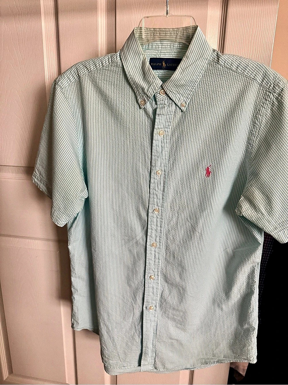 Ralph Lauren Short Sleeve Seersucker Button Down Shirt Green & White Medium